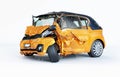 Single car crashed. Yellow city car havily damaged on the front part