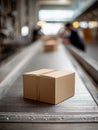 A single cardboard box moving along a conveyor belt in a warehouse with blurred workers and industrial environment in the Royalty Free Stock Photo