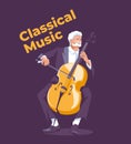 Single cellist in tuxedo isolated on purple background.