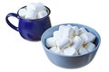 Single ceramic bowl and cup with handle full of many pieces of raw sweet tasty marshmallows cylindrical form isolated on white