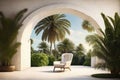 A single chair in an arched opening against a backdrop of palm trees