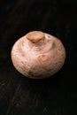 Single champignon mushroom on dark wooden board