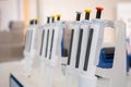 Single channel pipettes with different volume at medical exhibition