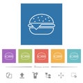 Single cheeseburger flat white icons in square backgrounds