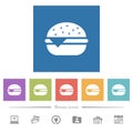 Single cheeseburger flat white icons in square backgrounds