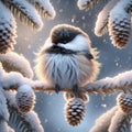 A Single Chickadee Perched on a Branch during a Snowstorm AI Generated