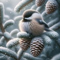 A Single Chickadee Perched on a Fir Tree Branch during a Snowstorm AI Generated