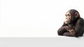 Contemplative young chimpanzee sits peacefully on pristine white surface its thoughtful gaze directed forward showcasing the Royalty Free Stock Photo