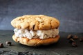 Single chocolate chip cookie ice cream sandwich on slate Royalty Free Stock Photo