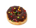 Single Chocolate Frosted Donut With Sprinkles On White