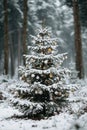 Single Christmas tree covered in snow stands lit in the middle of a dark forest, surrounded by falling snow. A quiet and magical Royalty Free Stock Photo