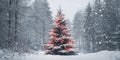 Single Christmas tree covered in snow stands lit in the middle of a dark forest, surrounded by falling snow. A quiet and magical Royalty Free Stock Photo