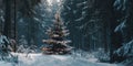 Single Christmas tree covered in snow stands lit in the middle of a dark forest, surrounded by falling snow. A quiet and magical Royalty Free Stock Photo