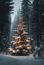 Single Christmas tree covered in snow stands lit in the middle of a dark forest, surrounded by falling snow. A quiet and magical Royalty Free Stock Photo