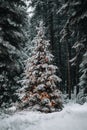 Single Christmas tree covered in snow stands lit in the middle of a dark forest, surrounded by falling snow. A quiet and magical Royalty Free Stock Photo