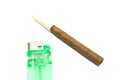 Single cigarillo and lighter on white Royalty Free Stock Photo