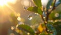 Single dew drop on spider web reflecting sunburst among green leaves Royalty Free Stock Photo