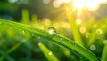 Single dew drop on green grass blade with sunlight and bokeh background Royalty Free Stock Photo
