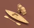 single color backpacks and a kayak, ready-to-go, in brown background, 3d rendering, mustard-colored camping objects, fishing Royalty Free Stock Photo