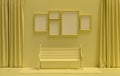 Single color monochrome light yellow color interior room with single park bench, without plant, 5 poster frames on the wall, 3D