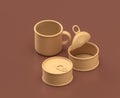 single color tuna cans and a mug in brown background, 3d rendering, mustard-colored camping, hunting objects