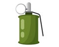 Single combat unexploded green military metal cylinder hand grenade with pin. Concept of terrorism and war