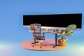 single computer workspace on wooden podium with giant widescreen monitor display freelance and home office concept 3D