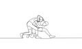 Single continuous drawing of two men fighting. Wrestling. One line drawing vector Royalty Free Stock Photo