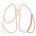 Single continuous line art anatomical human lungs silhouette in red inflamed colour. Healthy medicine against smoking