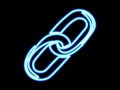 Single continuous line art blockchain sigh. Link chain finance modern technology neon blue glow design currency online