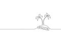 Single continuous line art coconut tree palm. Tropic paradise island landscape summer lettering design one sketch