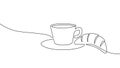 Single continuous line croissant art. Coffee morning cafe french bakery pastry logo silhouette. Concept design one