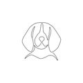 Single continuous line drawing of adorable beagle dog head for company logo identity. Purebred dog mascot concept for pedigree