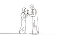 Single continuous line drawing adorable happy Arab couple in love on romantic date. Cute smiling boy giving rose flower to girl.