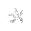 Single continuous line drawing of adorable sea star for nautical logo identity. Starfish animal mascot concept for beach ornament