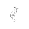 Single continuous line drawing of adorable standing heron for company logo identity. Long beak bird mascot concept for national