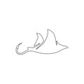 Single continuous line drawing of adorable stingray for logo nautical identity. Sea ray fish mascot concept for aquatic show icon