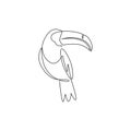 Single continuous line drawing of adorable toucan bird with big beak for logo identity. Endangered animal mascot concept for
