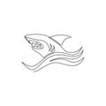 Single continuous line drawing of aggressive shark for nature adventure company logo identity. Wildlife sea fish animal concept