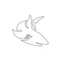 Single continuous line drawing of aggressive shark for nature adventure company logo identity. Wildlife sea fish animal concept