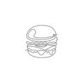 Single continuous line drawing American burger logo label. Emblem fast food sandwich restaurant concept. Modern one line draw