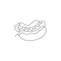 Single continuous line drawing of American hot dog logo label. Emblem fast food hotdog restaurant concept. Modern one line draw