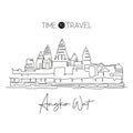 Single continuous line drawing Angkor Wat Temples landmark. Famous place in Siem Reap, Cambodia. World travel tour home art wall