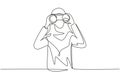 Single continuous line drawing Arab business woman looking through binoculars searching for job. Find all opportunities in the