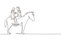 Single continuous line drawing Arab couple riding horses face to face at sunset. Happy man making proposal marriage to woman. Royalty Free Stock Photo