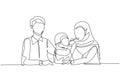 Single continuous line drawing Arab family having fun together in modern restaurant. Daughter feeds her mother with love. Happy Royalty Free Stock Photo