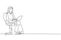 Single continuous line drawing Arab male with laptop sitting on the chair. Freelance, distance learning, online courses, and