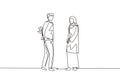 Single continuous line drawing Arab man holding flowers behind his back and standing in front of woman. Happy boy giving rose