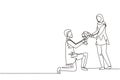 Single continuous line drawing Arab man on knee making marriage proposal to woman with bouquet. Boy in love giving flowers. Happy