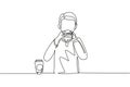 Single continuous line drawing Arabian boy having hamburger meal with hands around table. Enjoy and happy lunch when hungry.